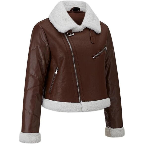 Women's Fur Leather Jacket Shearing Cropped Faux Fur Lined Moto Coat 159 Brown - Picture 2 of 5